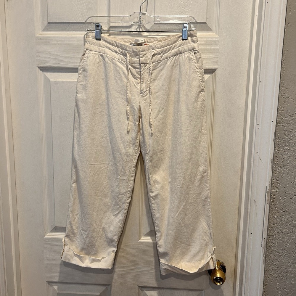 Y2K Old Navy Womens Linen Blend Stretch Crop Pants Cream Off White 4 Drawstring